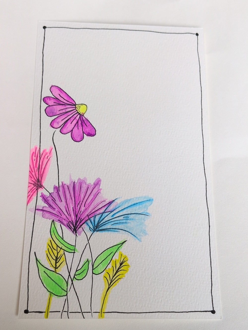 Handmade Floral Watercolor with Pink, Purple, Blue and Green Blooms
